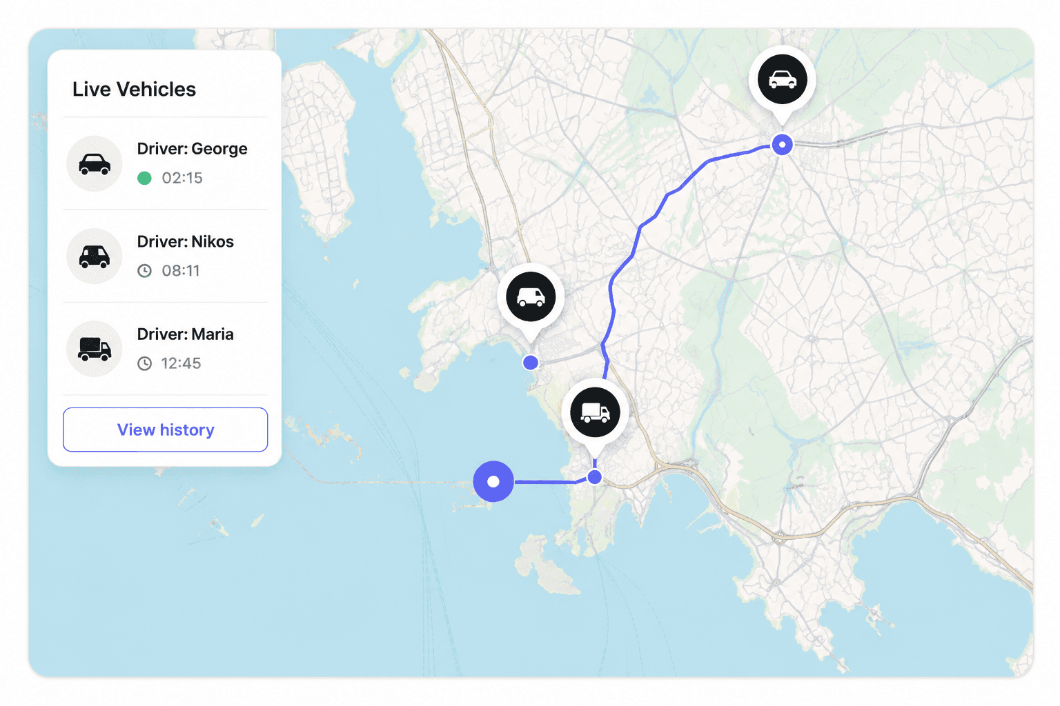 A live map of the fleet showing vehicle locations and a trip's route history