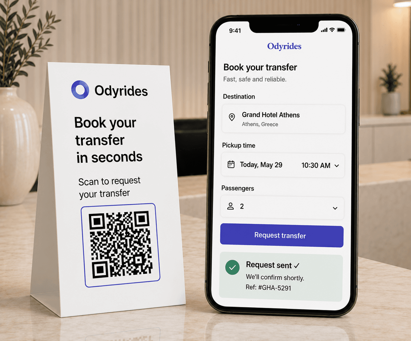 A guest scanning the Odyrides QR code at a hotel reception desk to request a transfer